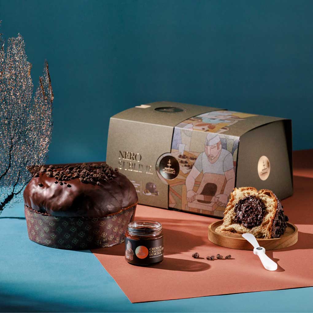 Fiasconaro Panettone Nero Sublime (with Modica Chocolate & Strawberry Spread & Spreader) 2