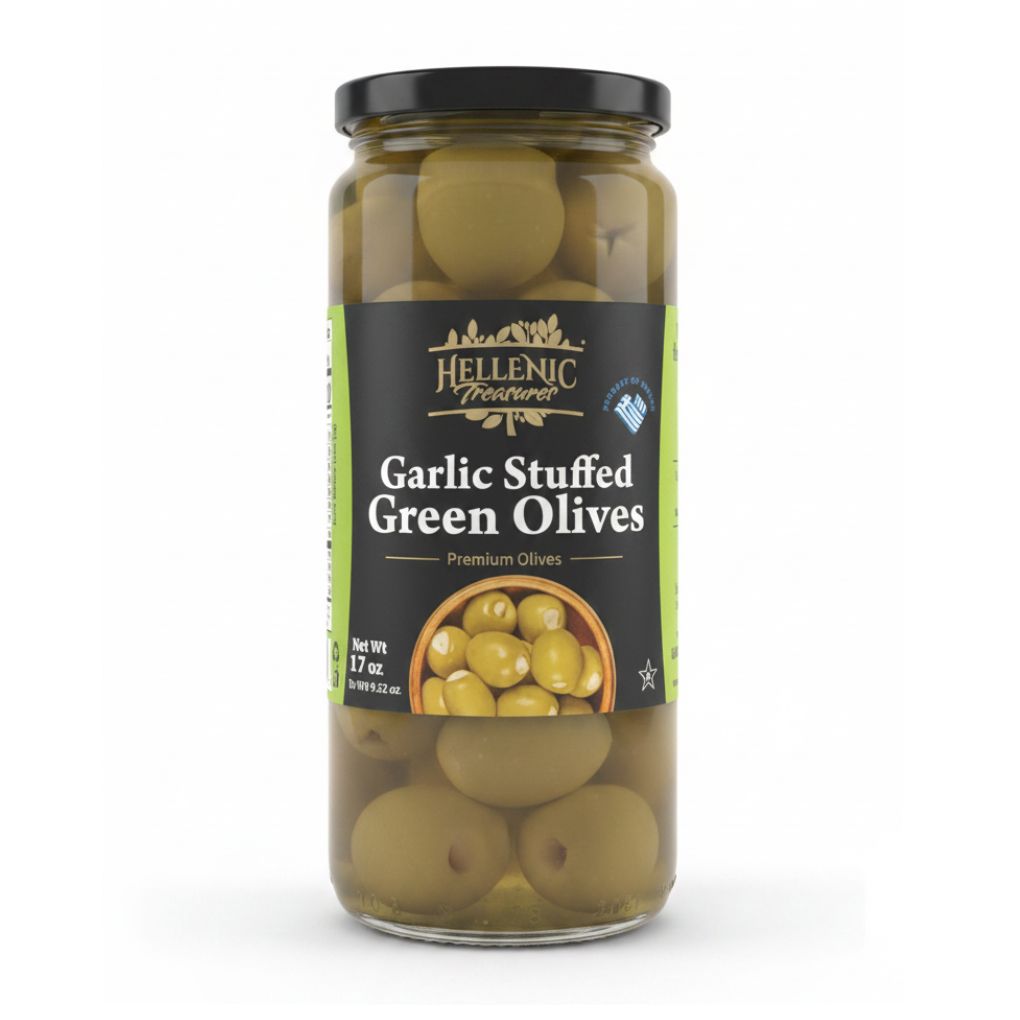 Hellenic Treasures Garlic Stuffed Green Olives 1