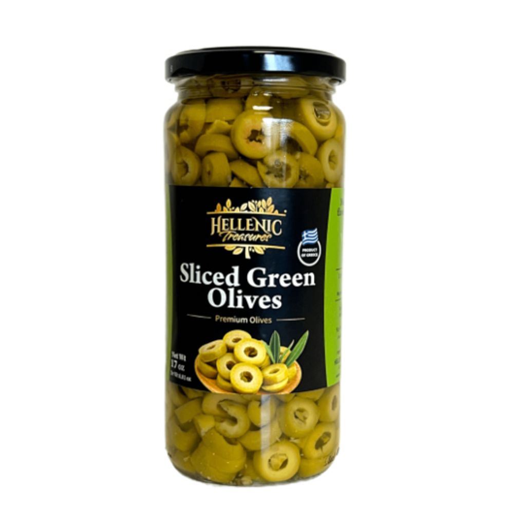 Hellenic Treasures Greek Sliced Green Olives 1